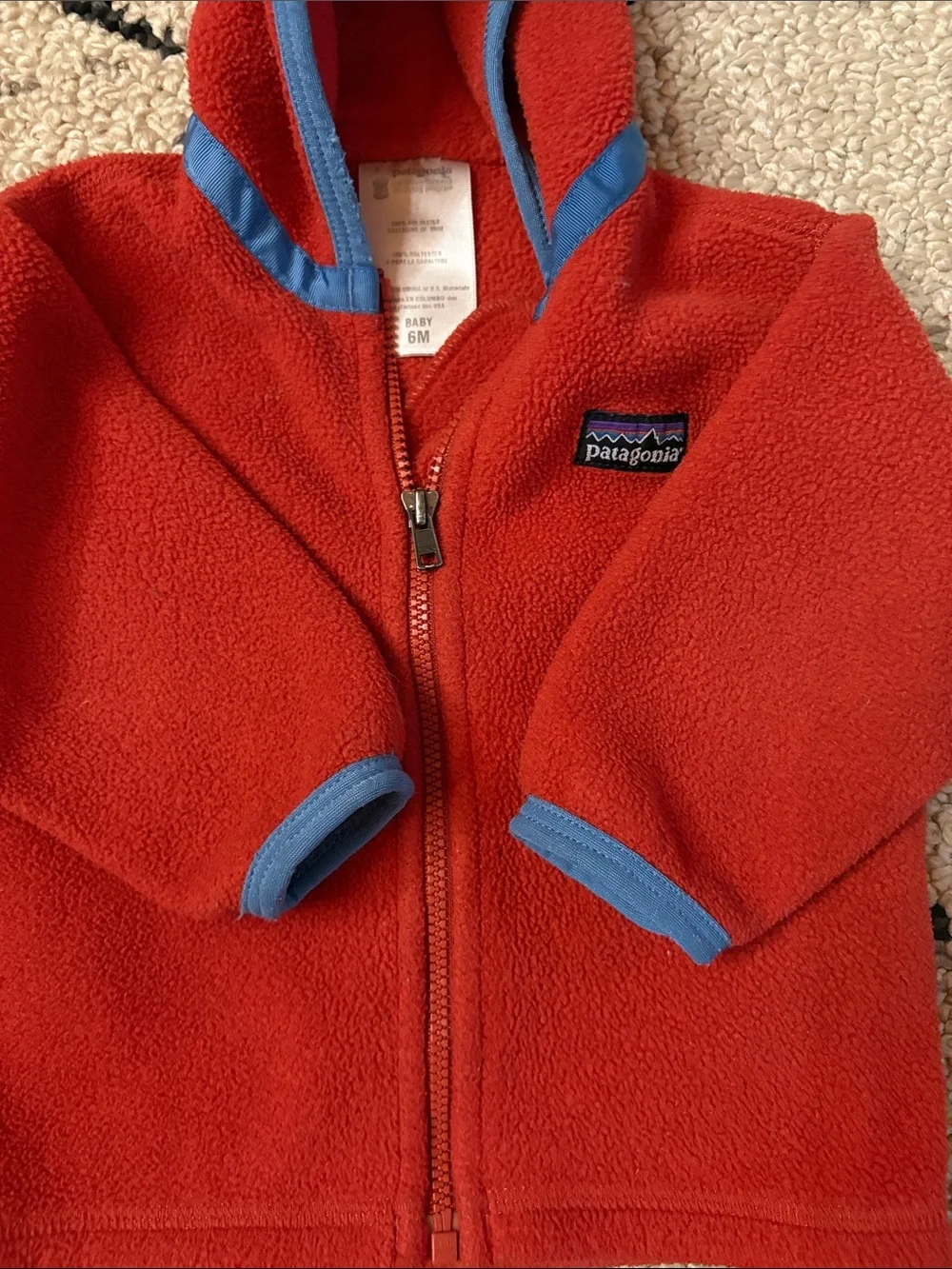 Patagonia Kids Red Hooded Fleece Jacket with Blue Trim 6-m